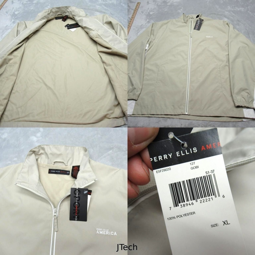 Perry Ellis America Jacket Men XL Cream Pockets Lined Full Zip Windbreaker NWD